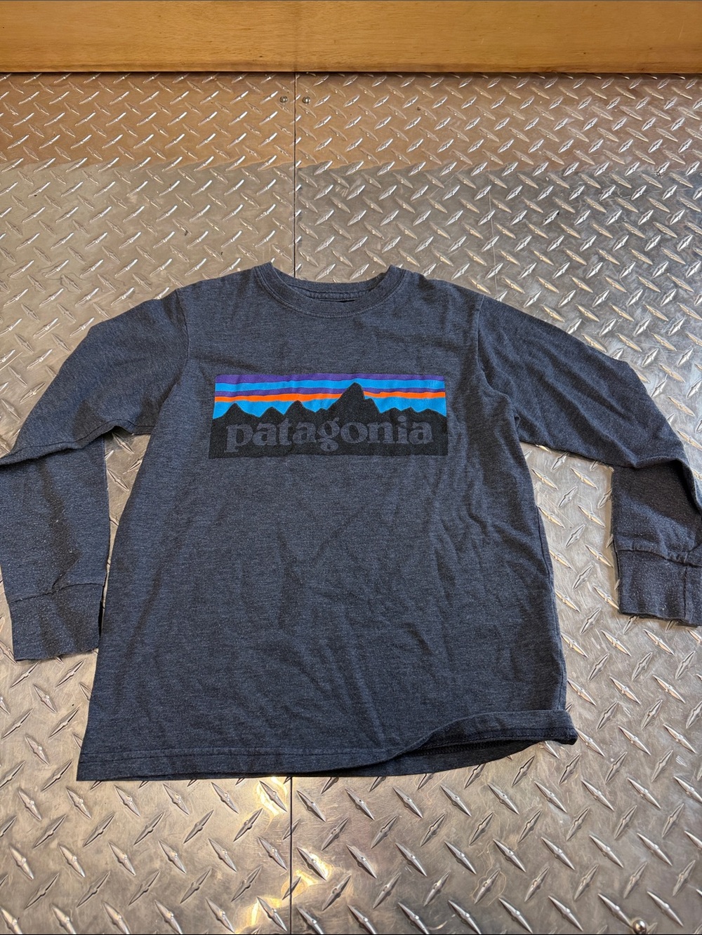 Patagonia Kids Long-Sleeve Logo Tee - Charcoal with Blue & Purple Stripes